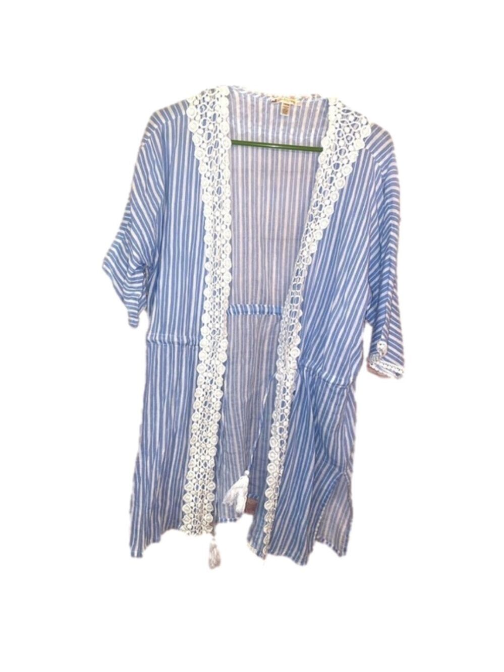 Rise & Bloom Women's Kaftan Sleeve Resort Stripes Blue Cover-Up Blue Size Small